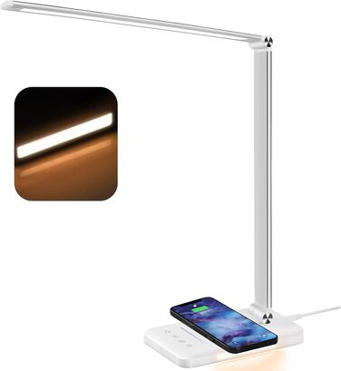 LED лампа настільна диммерна 560LM - офісна лампа з 5 режимами кольору та 10 рівнями яскравості, з нічним світлом, USB-портом, функцією пам'яті та таймером, 10W - білий (адаптер 24w - сріблястий)