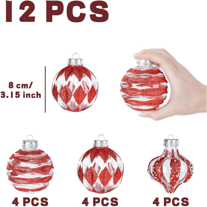 Набір ялинкових прикрас 30 шт. 6см, пластикові кулі, темно-синій та білий, ялинкові кулі для декору, набір прикрас для ялинки, 30 шт. (12 шт. 8см, прозорі та червоні)