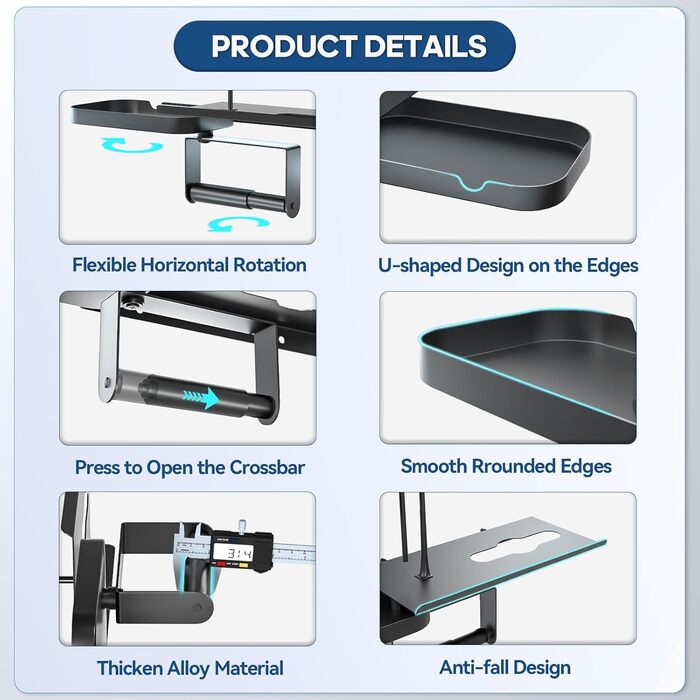 Настінний тримач для туалетного паперу з полицею, багатофункціональний, обертовий, з нержавіючої сталі, чорний мат. Підходить для ванної кімнати, кухні та пральні.