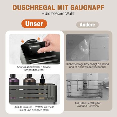 Поличка для душу Lekesky без свердління, кутова, з міцними присосками, алюміній, нержавіюча сталь, знімна, для ванної кімнати, кухні, орендованого житла (набір 2 шт.), колір: Gunmetal Grey, прямокутна