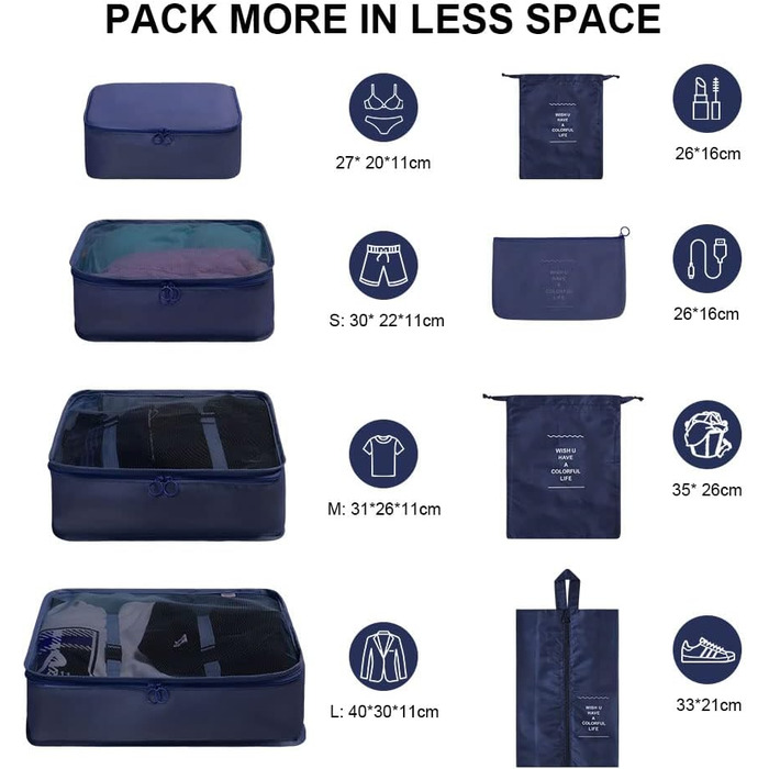 Органайзер для валізи OSDUE, набір 8 шт: кубики для пакування, водонепроникні сумки для одягу, органайзери для подорожей, косметичка, мішечок для взуття, кишеня для USB-кабелів (Бежевий) (Тип B-8шт Синій)