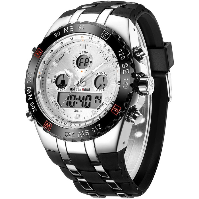 Чоловічий військовий спортивний годинник: цифрові та аналогові функції, водонепроникність, дата, будильник, світіння, секундомір. Великий годинник для чоловіків, сріблястого кольору.