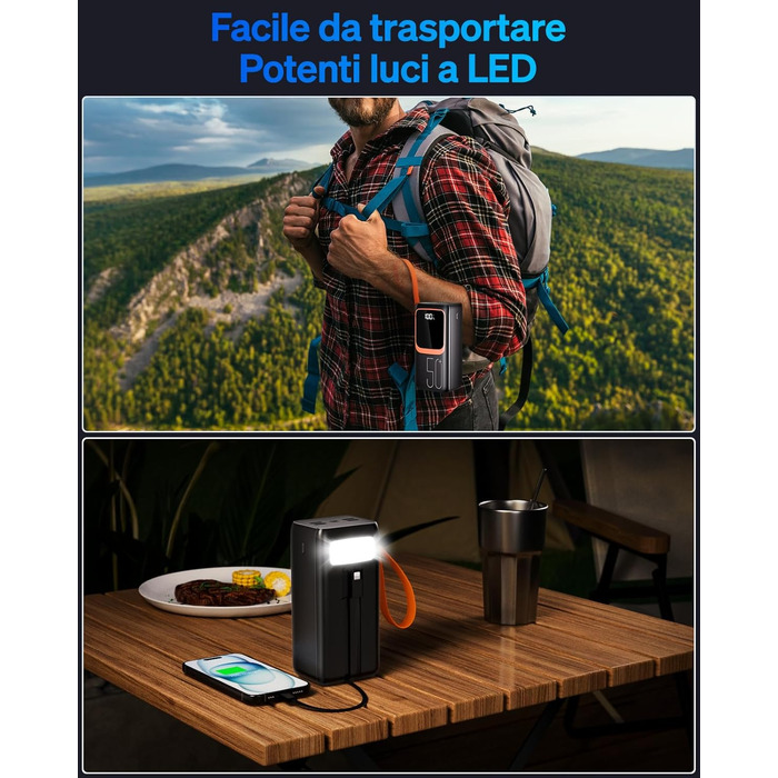 Power Bank 50000 mAh з вбудованим кабелем, 22.5W швидка зарядка, LED-ліхтарик, 7 портів (3 входи) - портативний акумулятор