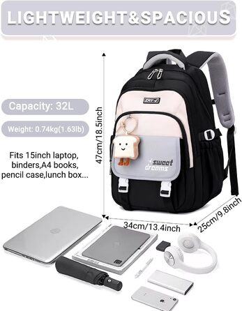 Шкільний рюкзак для дівчаток 2-10 класів, 32L, легкий дитячий рюкзак | Дихаюча спинка | М'які лямки | Брест-стріжка, ранці для школи, рюкзак для підлітків 8+ років (Чорний)