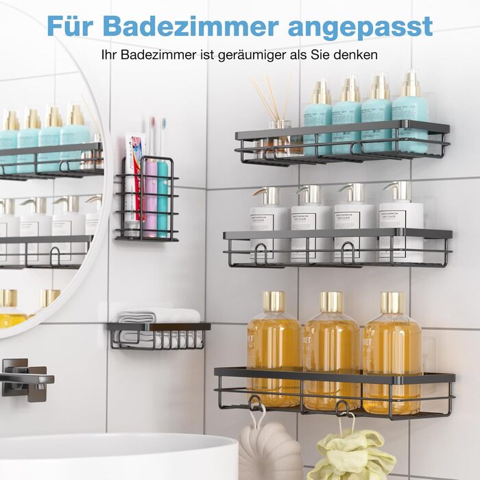 Поличка для душу без свердління, 5 шт. Органайзер для ванної кімнати, кутова поличка для душу з гачками, самоклеюча поличка для ванної та кухні (Чорний)