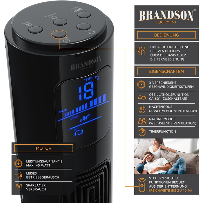 Вентилятор підлоговий Brandson з дистанційним керуванням, 96 см, тихий, з осциляцією, 3 швидкості, 3 режими, таймер, сертифікат GS, сірий (A: Космос Чорний)