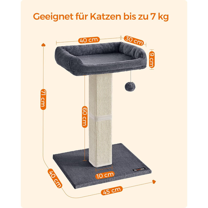 Feandrea Cat Tree, Cat Tower with 40 x 30 cm Plush Platform, Scratch Post, Cat Scratching Post, 71 cm High, Sisal-Wrapped Scratching Post, 45 x 40 cm Base, with Plush Ball, PCA022W01 (Dark Grey)