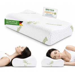 Ортопедична подушка з ефектом пам'яті (Memory Foam) з бамбуковим чохлом, ергономічна підтримка шиї для будь-якої пози сну, біла, 60x40x12/10 см