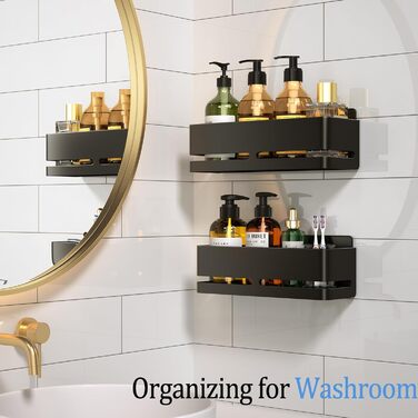 Настінна полиця для ванної кімнати (5 шт. в наборі) з мильницею та тримачем для зубних щіток, без свердління, для ванної та кухні (сірий, чорний, 2 яруси)