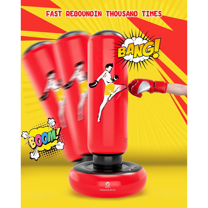 Дитячий боксерський мішок QPAU з рукавичками, 168 см, стабільний надувний боксерський мішок для дітей 6-12 років, подарунок для хлопчиків та дівчаток (Червоний)