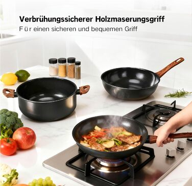 Набір каструль LEADZM з керамічним покриттям (22 частини) - сумісний з усіма плитами, без PFOA/PFOS, бежевий + чорний та натуральний кольори