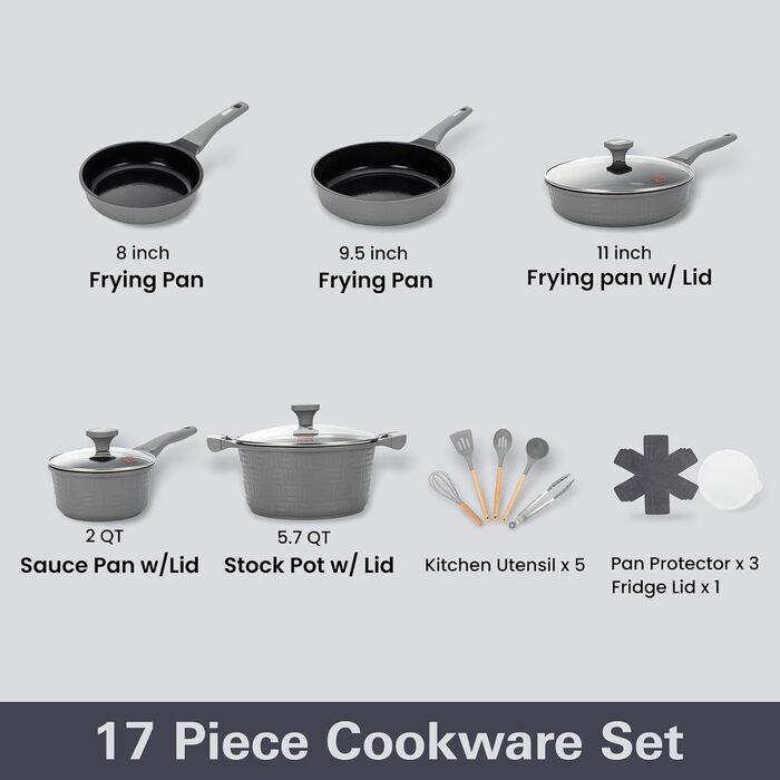 Набір посуду UCCLIFE 17 предметів: каструлі, сковорідки з антипригарним покриттям, керамічний набір, антипригарна сковорода, каструля, суповарка, безпечний, для індукційних плит, кухонний набір, сірий колір