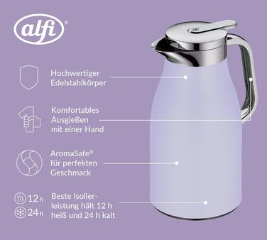 Термос Alfi SKYLINE 1.0л лавандово-матовий, нержавіюча сталь з гігієнічним скляним вкладишем, термоізоляція, зручний кришкою з кнопкою, ергономічна ручка, для кави та чаю, 1000 мл