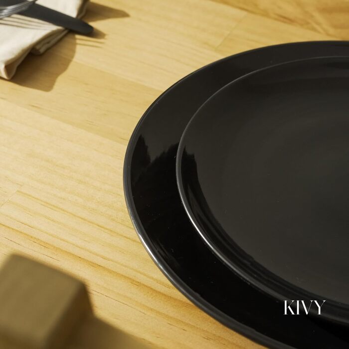 KIVY Dinnerware Set for 6 People [Scratch & Dishwasher Safe] 6x27cm + 6x22cm - Plate Set 12-Piece Modern - Dinnerware Set - Combination Service - Black Dinnerware Set - Black Plate Set - Matte Black Plates