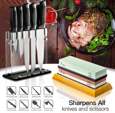 Набір для заточування ножів Schleifstein, двосторонній 400/1000/3000/8000 гріт, з відточувальним каменем, бамбуковою основою, кутовою направляючою, шкіряним ремінцем та полірувальною пастою