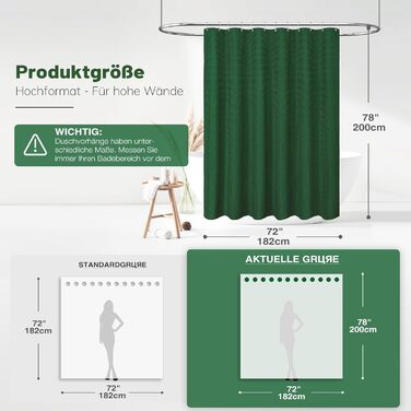 Шторка для душу BTTN, вафельна тканина, 180x200 см, антигрибкова, важка, водонепроникна, з 12 гачками, зелена