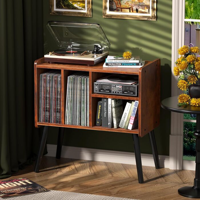 Вініловий програвач з тумбою для зберігання платівок (150+), коричневий, в стилі середини століття