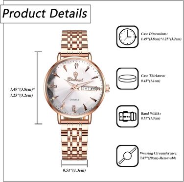 Жіночий годинник JewelryWe Rosegold: аналоговий кварцовий годинник зі сталевим браслетом, водонепроникність 30м, календар, підсвічування стрілок та гранійним склом (Рожеве золото - Білий)