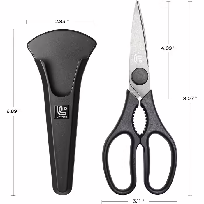 Linoroso Kitchen Scissors - Sharp Scissors for the Kitchen with Magnetic Cover - High Quality Stainless Steel - Household Scissors - All-Purpose Scissors - Can be Used as Fabric Scissors, Craft Scissors, Paper Scissors, Grill Scissors - Classic Black