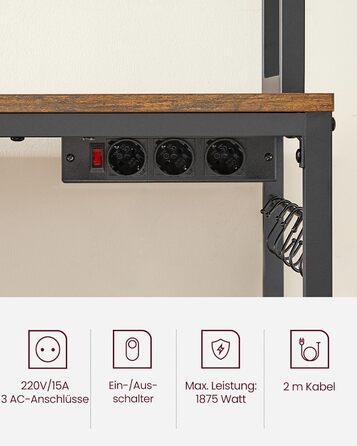 Стелаж кухонний VASAGLE з розетками, для мікрохвильової печі, з решіткою, 14 гачків, антрацит-чорний, 40x60x170 см, вінтажний коричневий + чорний