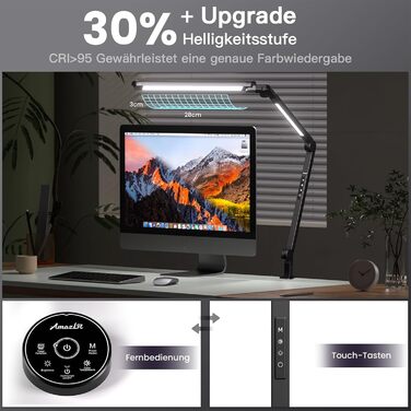 AmazLit Adjustable LED Desk Lamp with Dual Light Source - 12W/16W Dimmable Architect Lamp with Remote Control & Clamp