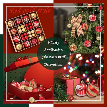 Набір прикрас для ялинки Robofun 44 шт. (червоний, золотий), міцні та безпечні, пластикові кульки для декору ялинки в приміщенні та на вулиці