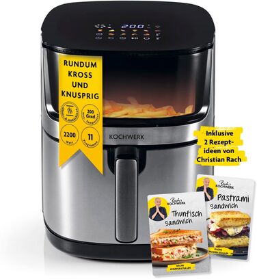 Фритюрниця RACHS KOCHWERK Vario-Doppelkammer 9 л з роздільною камерою, сенсорним екраном та 8 програмами | Airfryer для смаження без олії, з функцією Smart-Cook (нержавіюча сталь / чорний)