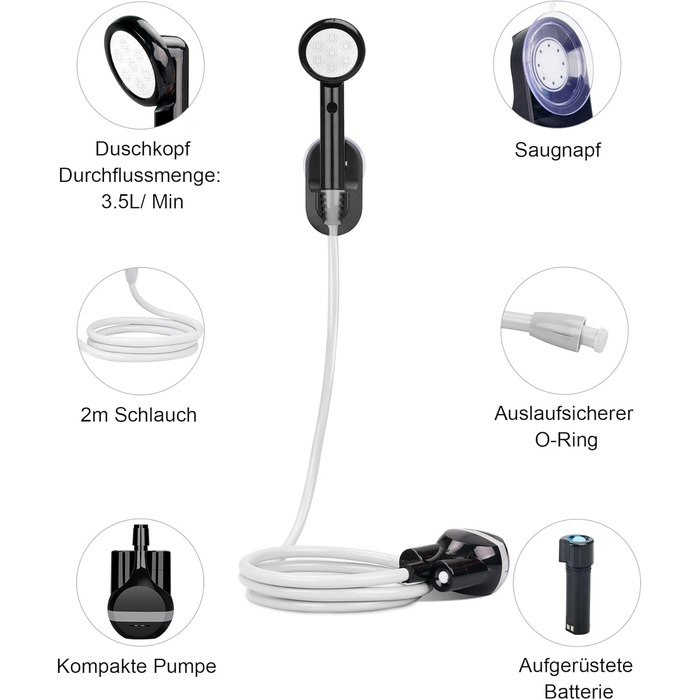 LIBERRWAY Camping Shower with Pump, Camping Shower Set with Rechargeable Battery, 2m Shower Hose Outdoor Shower for Garden, Beach, Camping, Travel, Car Washing, Mobile Shower Black (Black)
