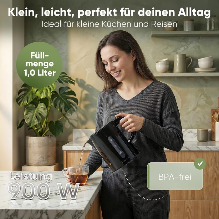 Електричний чайник Clatronic WK 3834 чорний, 1 л, 900 Вт, BPA Free, з індикатором рівня води та захистом від перегріву