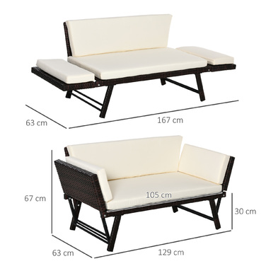 Розкладне садове софа Outsunny з ротангу Polyrattan на 2 особи, садові меблі, садове софа для відпочинку з підлокітниками, сталь, коричневий, 129x63x67 см для тераси та балкону.