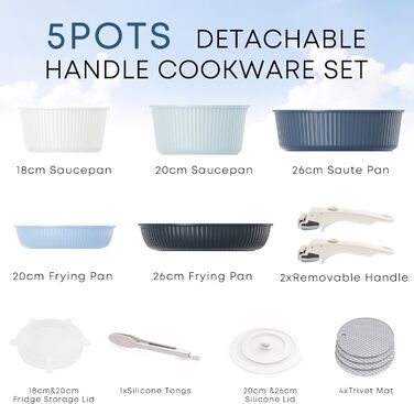 RIOVARM Induction Cookware Set with Removable Handles - Nonstick Granite Stackable Pots and Pans Set with Silicone Lids - PFOA Free, Space-Saving Cookware Set - Includes Fry Pan & Casseroles (Graduated Blue)