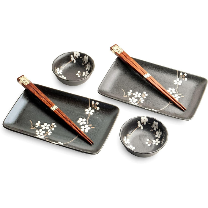 Набір для суші Sushiset SAKURA з порцеляни (Японія) – подарунковий, чорний, 2 тарілки, 2 мисочки, 2 набори паличок