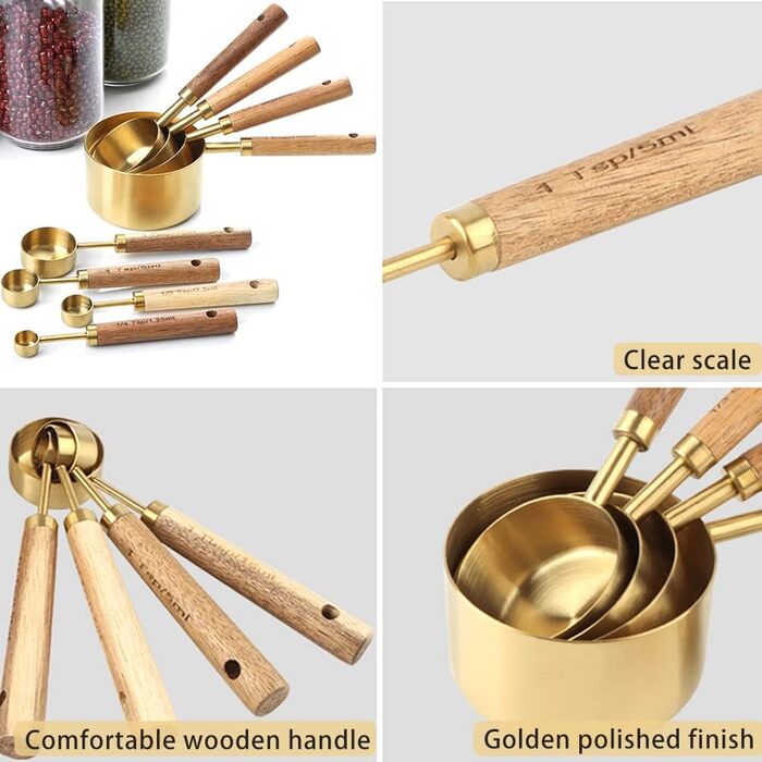 8-Piece Stainless Steel Measuring Cup and Spoon Set with Wooden Handle for Dry and Liquid Ingredients (Gold)