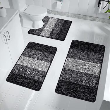 Enyhom 3-Piece Microfiber Bath Mat Set - Non-Slip Bathroom Rugs & Toilet Lid Cover - Soft & Washable (Black, 45x65cm, 50x80cm, 50x60cm)