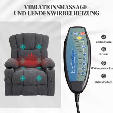 HOMCOM Electric Recliner with Rise Function, TV Chair with Lie-flat, Heating, and Massage Functions, TV Chair with Type-C and USB Ports, Cup Holders, Dark Grey | Aosom