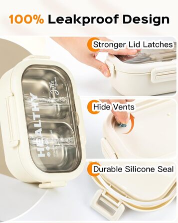 Ланчбокс Lille Home з нержавіючої сталі з 2 відділеннями, 850 мл, витокозахисний, з сумкою та столовим прибором, BPA-free (Бежевий)