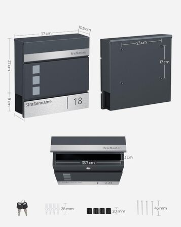 Поштовий ящик SONGMICS з персоналізованим гравіюванням, номерний знак, сучасний антрацитово-сріблястий, з замком та вікном для газет
