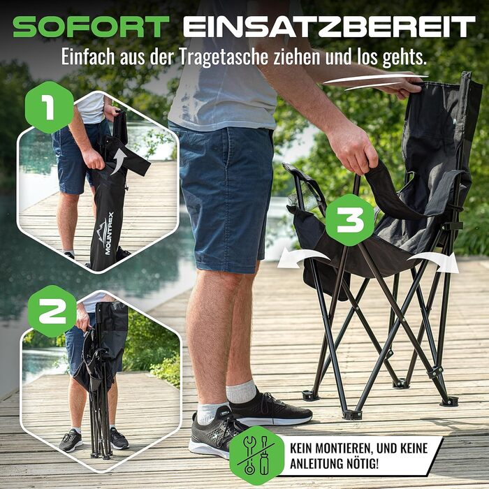 Крісло для кемпінгу MOUNTREX складне (до 120 кг) - регульовані підлокітники, для риболовлі, пляжного відпочинку, компактне та легке, з підстаканником та сумкою, чорне