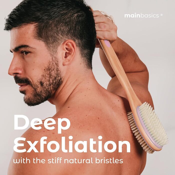 Скребок для спини MainBasics для душу - довга ручка, двостороння щітка для миття та скрабу тіла з пілінгом та м'якими щетинками (Лаванда, Дерево)