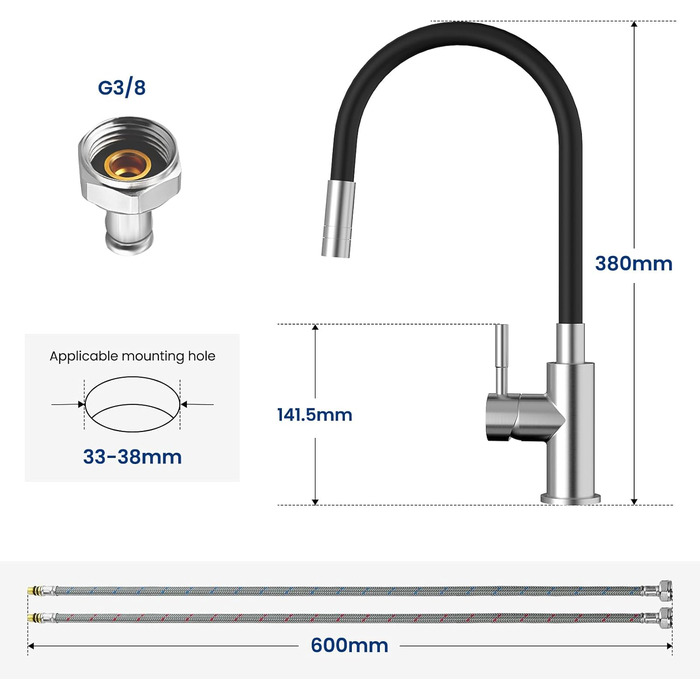 Кран кухонний CECIPA SOFETIY SERIE, чорний матовий, 2 режими струменя, нержавіюча сталь, поворотний 360°