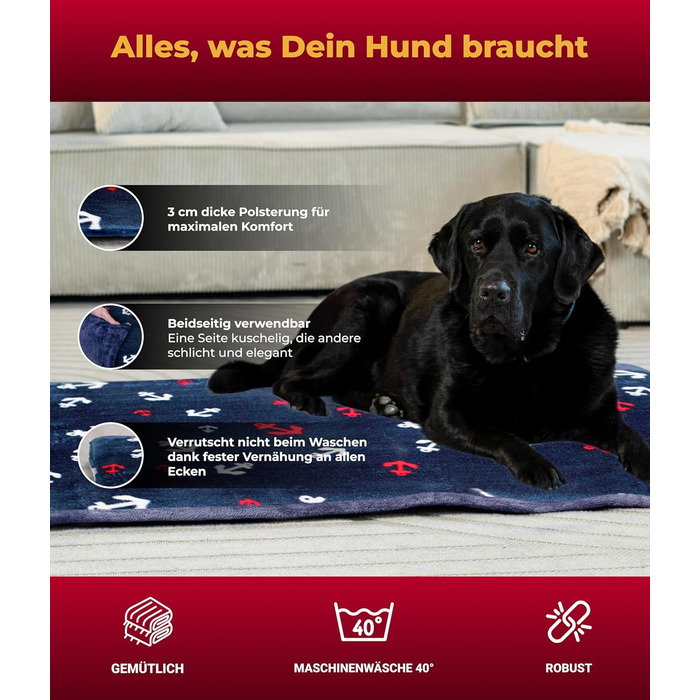 Підстилка для собак XS (45x65 см) – двостороння, м'яка, з наповнювачем 3 см – для дивану, авто, переноски – Made in Germany (75 x 115 см, Колір: Анкер-Блакитний)