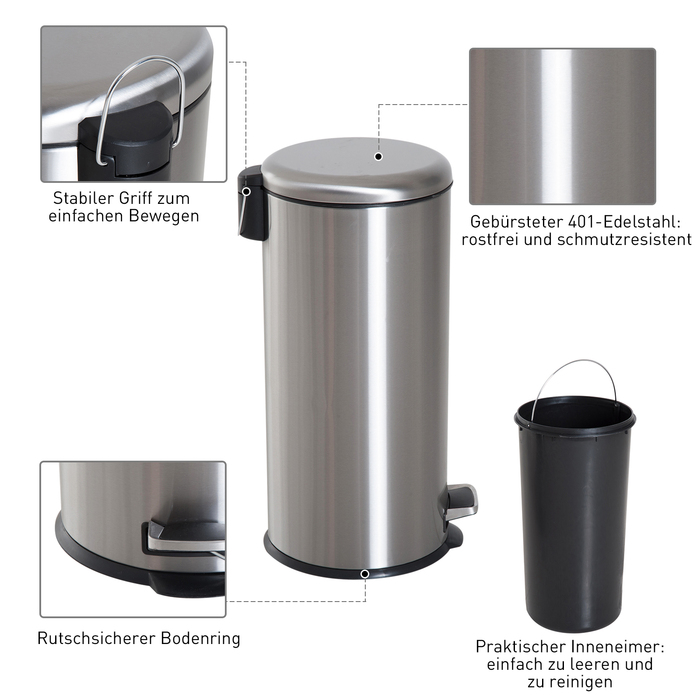 HOMCOM 30L Stainless Steel Pedal Bin with Inner Bucket, Flip Lid, Hygienic and Silver for Kitchen and Bathroom