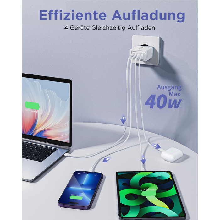 Мережевий адаптер USB-C на 4 порти з кабелем USB-C на USB-C 2м, 40W, PD 3.0, для iPhone, Samsung, смартфонів