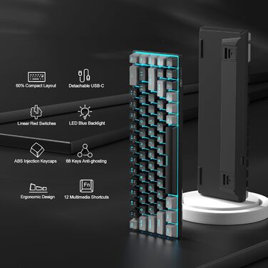 Механічна ігрова клавіатура MageGee MK-Box 68 клавіш, TKL, з LED-підсвічуванням, з червоним перемикачем, для Windows, Laptop, Mac, чорно-сіра