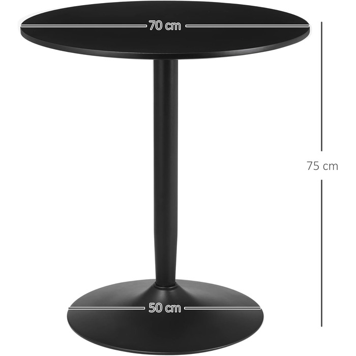 HOMCOM Dining Table, Round Kitchen Table, Modern Dining Table for 2 People, Bar Table Pedestal Table with Steel Leg, Non-Slip Foot Pad, Coffee Table for Living Room, Ø70 x 75 cm, Black 70L x 70W x 75H cm Black