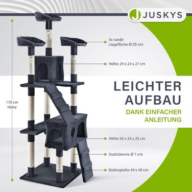 Дерево для котів Juskys Amy XXL з печерами, лежанками, сходами та сизалевими стовпчиками - стабільний котячий комплекс 170 см, сірий/темно-сірий