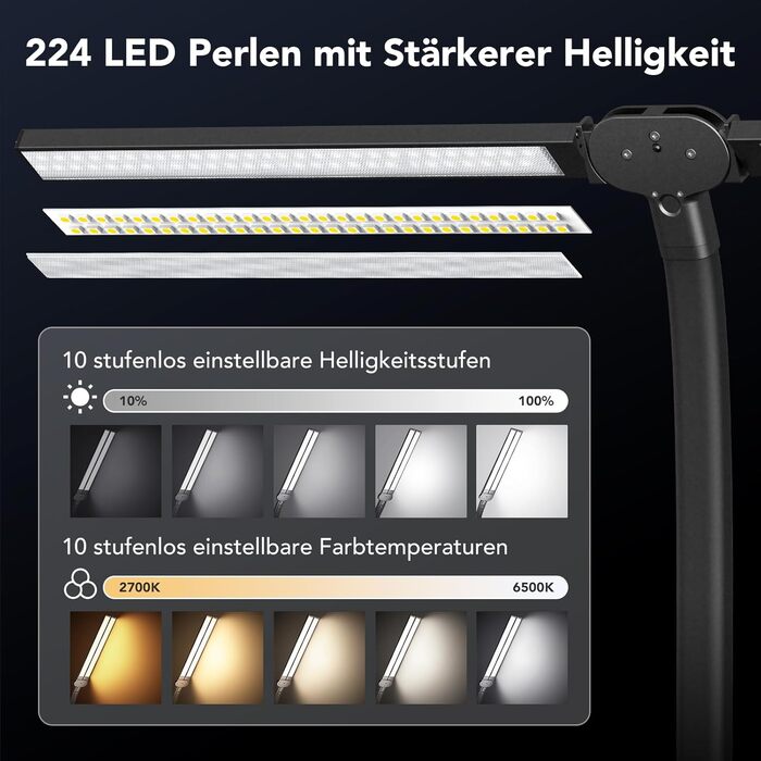 LED лампа для столу Ehaho 2100LM з регулюванням яскравості, 24W, 224 LED, 80 см, кріплення на монітор, гнушкий шийка, офісна лампа з пультом, 10 температур кольору та 10 рівнів яскравості (для дому/офісу), чорна