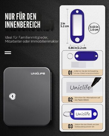Настінна шафа для ключів Uniclife на 20 позицій, сталевий ключ-органайзер із замком, кольоровими бирками та наклейками, чорний