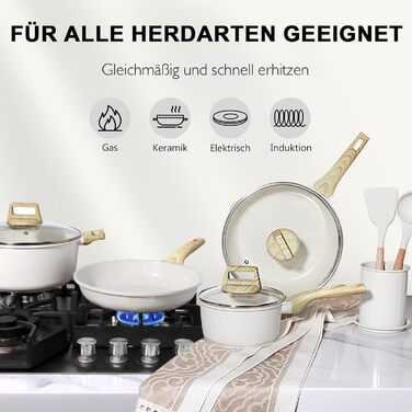 Набір посуду GiPP 17-ти частинний: каструлі, сковорідки з антипригарним покриттям, сковорідки 24+28 см, каструля 4.2 л, каструлі 16+18 см, сковорода для омлету з 4-ма отворами, лопатка та ложка, підходить для всіх типів плит (білий)