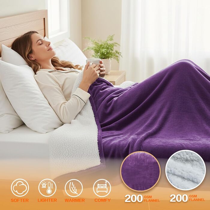 Електрична ковдра з підігрівом 130x180 см з автоматичним вимкненням, 10 рівнів нагріву, таймер 8 годин, захист від перегріву, пральна машина, фланелева ковдра з підігрівом для ліжка, дивана та офісу, фіолетовий колір 130 x 180 см